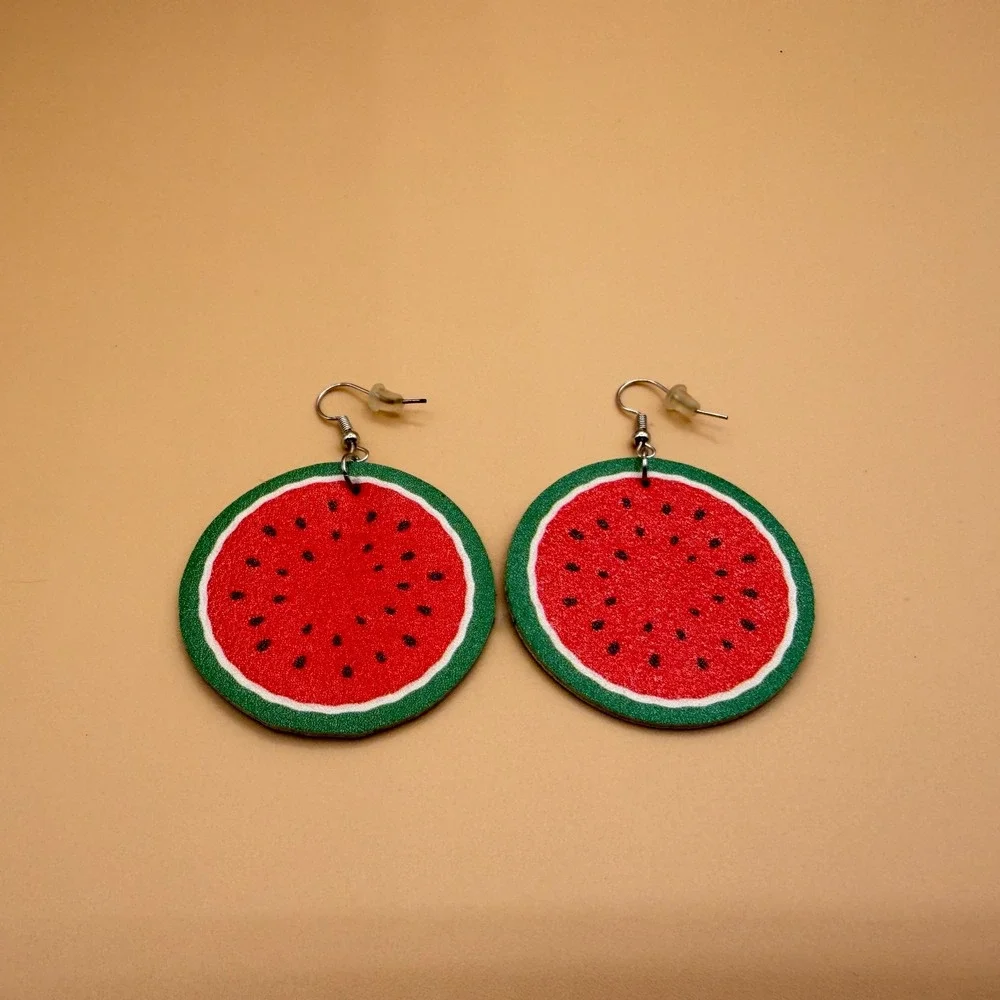 Watermelon Wood Dangle Earrings Red Green Fruit Summer Statement Novelty Gift